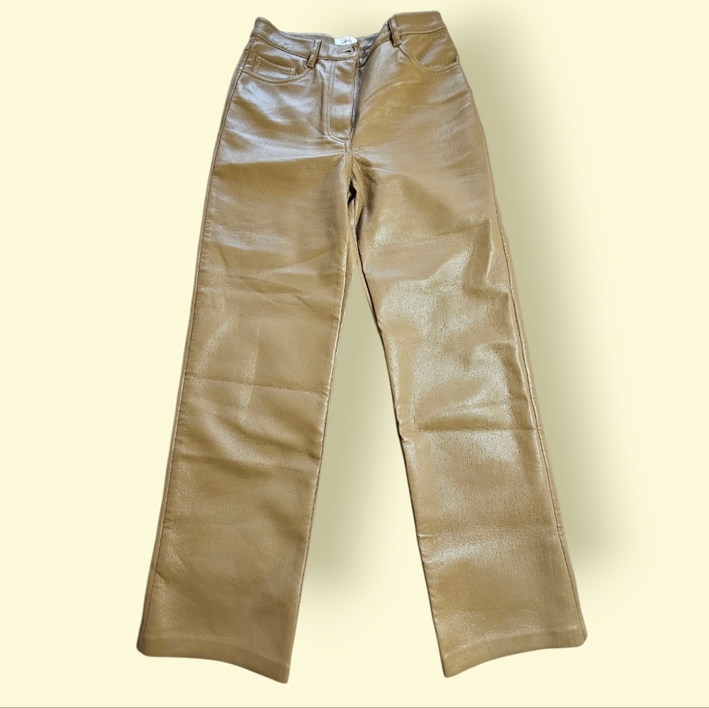 Wilfred Aritzia Caramel Tan SoftFaux Leather Straight Leg Hight Waist Pants Sz 2